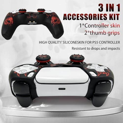PS5 Controller Silicone Cover with Laser-Engraved Dragon Design - Non-Slip Grip Skin + 2 Dragon Thumbstick Caps | Stylish Protective Case for PlayStation 5 Controller - color: Lightning Dragon Red
