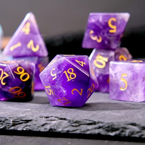 Amethyst Crystal DND Dice Set 7 PCS Gemstone Suitable for Dungeons and Dragons Dice for Polyhedral Dice for D & DRPG Games (Amethyst - color: Amethyst