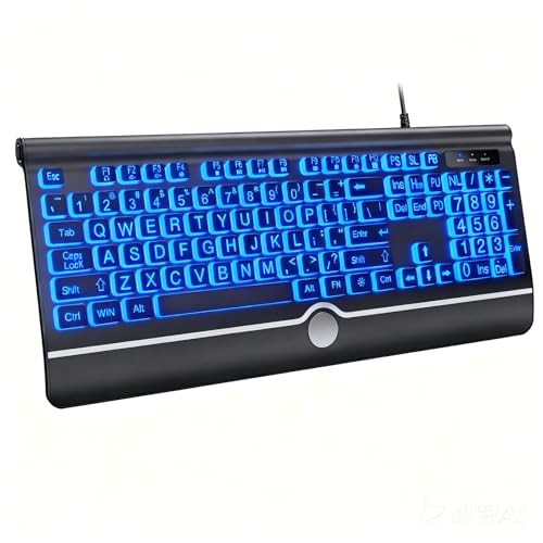 KOPJIPPOM USB Wired Keyboard with Large Print Backlit Keys, 7 Color LED Backlight, Ergonomic Wrist Rest, Spill-Resistant Design, Full-Size Computer Keyboard with Number Pad for PC Desktop Laptop - color: black