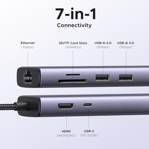 UGREEN Revodok 7 in 1 USB C Hub Gigabit Ethernet Adapter 4K@60Hz HDMI, 100W PD Charging, USB A Data Ports, SD/TF Card Reader Compatible with MacBook Neo/Pro/Air, iPad, Steam Deck