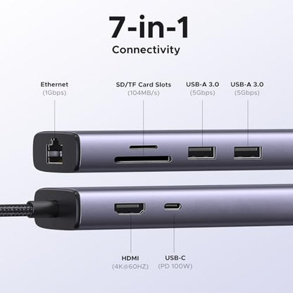 UGREEN Revodok 7 in 1 USB C Hub Gigabit Ethernet Adapter 4K@60Hz HDMI, 100W PD Charging, USB A Data Ports, SD/TF Card Reader Compatible with MacBook Neo/Pro/Air, iPad, Steam Deck