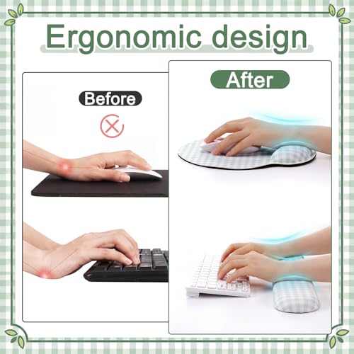 Tellegloww Wrist Rest Support for Mouse Pad&Keyboard Set, Green Gingham Checkered Circle Curved Ergonomic Mousepad&Coaster Non-Slip Base, Design for Office, Home, Laptop, Desktop Computer Keyboard - color: Green