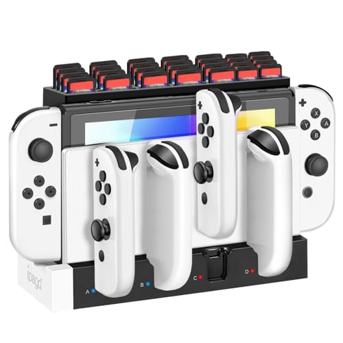 TNP Joy-Con Charging Dock for Nintendo Switch Controllers, 4-Port, Green | Switch Controller Charger and Organizer with 28 Game-Card Slots, Led Charge Indicators, Oled Dock Fit, and Extra Usb Port