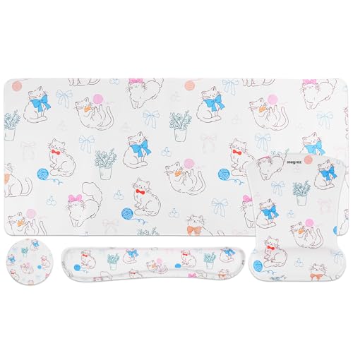 MEGREZ 4-in-1 Mouse Pad with Wrist Rest Ergonomic Memory Foam Desk Mat Set | ergonomic, anti-slip base, 4pcs set, desk pad, mouse wrist rest, keyboard rest, coaster, ideal for office & gaming - color: Bow Kitten