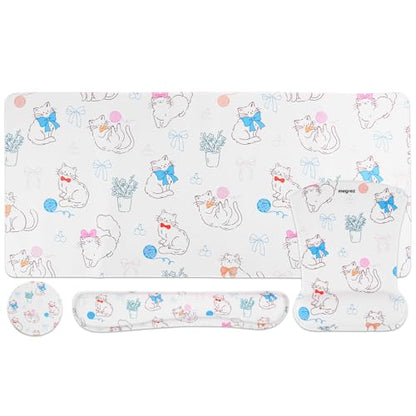 MEGREZ 4-in-1 Mouse Pad with Wrist Rest Ergonomic Memory Foam Desk Mat Set | ergonomic, anti-slip base, 4pcs set, desk pad, mouse wrist rest, keyboard rest, coaster, ideal for office & gaming - color: Bow Kitten
