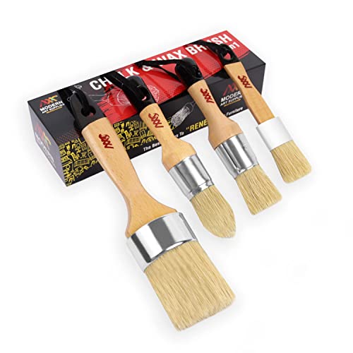Modern Art Supplies Chalk Paint Brush Set - 4 Pcs for Furniture Painting | Includes 3 small wax brushes and 1 large bristle brush compatible with Annie Sloan and Fusion Mineral Paint