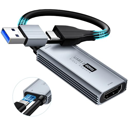XIIXMASK USB 3.0 Video Capture Card with 100W PD - HDMI to USB/USB-C Capture Card 1440P 30fps & 1080P 60fps Video Capture Device for Streaming, Game Recording, Compatible for Quest 3, Switch, PS4/PS5 - color: silver