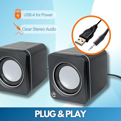 MANHATTAN USB Powered Stereo Speaker System - Small Size - with Volume Control & 3.5 mm Audio Plug to Connect to Laptop, Notebook, Desktop, Computer - 3 Yr Mfg Warranty - Black Silver, 166898 - color: Black Silver