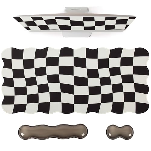L-SPOUTTO Black Checkered Mouse Pad Set,Scalloped XXL Desk Mat + Ergonomic Mouse Wrist Rest + Gel Keyboard Wrist Rest for Keyboard 65%/75%,3in1 Large Desk Pad for Desktop Home Office Computer Game - color: Black Checkered