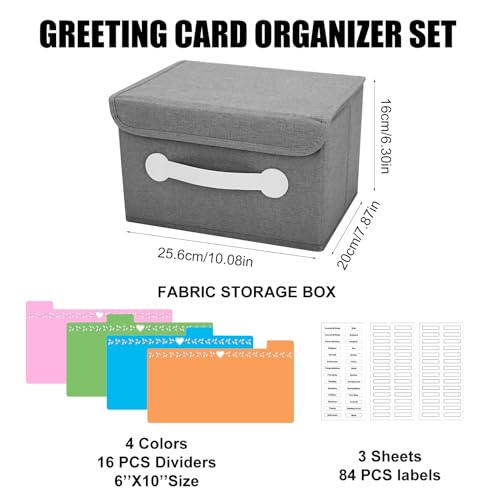 Greeting Card Organizer Box with 16 Dividers,Collapsible Greeting Card Storage Box With Lids，Ideal for Greeting Cards,Recipes, Photos, Envelopes, Keepsake（Grey，84 Pcs Labels） - color: Grey