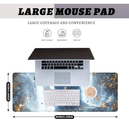 Blue Cat Gaming Mouse Pad Nature White Marble Gold Butterfly Large Gaming Mouse Mat with Stitched Edges,Non-Slip Waterproof Rubber Base Mous Mat 31.5"x11.8" - color: Blue Cat, size: 31.5L x 31.5W inches