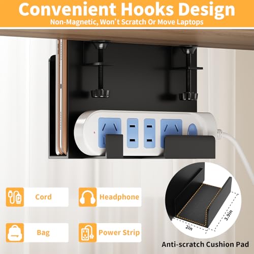 Space Saving Desk Side Storage No Drilling Under Desk Laptop Holder with Headphone Holder Cable Management Tray Carbon Steel Clamp Desk Storage Shelf Anti-Slip Magazine Holder for Home Office