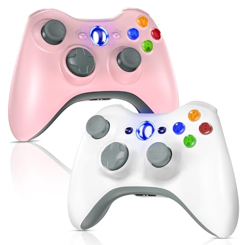 Gamrombo 2 Pack Replacement for Xbox 360 Controller, Wireless Controllers Gamepad Upgraded Joystick Compatible with 360 & Slim, Windows 11/10/8/7 PC Controller with Dual Shock (White+Pink) [microsoft_xbox_360] - color: Pink+White