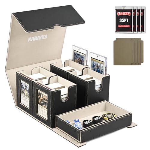 Kabinka Card Deck Box for MTG Commander, Holds 400+ Double-Sleeved Cards, 5 IN 1 Detachable Card Case with Dice Tray, Fits Magic/TCG Cards, 4 Magnetic Card Holders & Dividers (Black Gold) - color: Black Gold