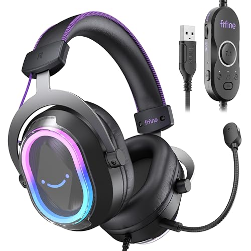 FIFINE Wired Gaming Headsets: 7.1 Surround Sound - Vibrant Customizable RGB - Game/Chat Balance, USB Gamer Headphones with Noise Canceling Microphone for PC, PS5/PS4, Laptop, Mac - AmpliGame H13BP | Large 50mm drivers, Crisp 7.1 Surround, Ergonomic Earpad