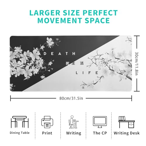 Black and White Mouse Pad 31.5 X 11.8 Inch Japanese Cherry Blossom Extended Large Mouse Mat Non-Slip Rubber Mousepad Stitched Edges Keyboard Mouse Mat Desk Pad for Office Home Game - color: Black and White