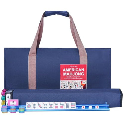 American Mahjong Game Set, 166 Premium White Tiles, 4 All-in-One Color Rack/Pushers, Complete Mahjong Set Blue Carrying Bag - color: Blue