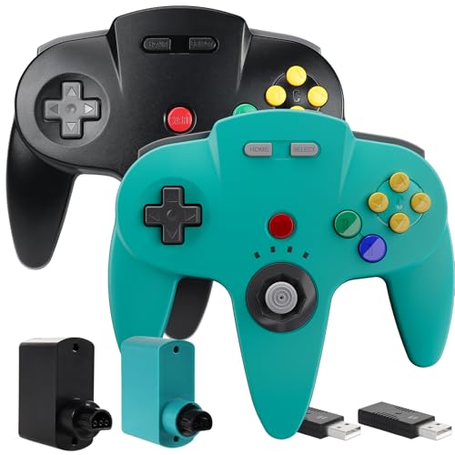2 Pack Wireless N64 Controller for Switch 1 & 2, N64 Console, Cyan/Black | (Built-in Vibration) (Rechargeable) (3D Analog Stick), 2.4 GHz USB & N64 Receiver Made for Switch Online, Windows PC, macOS - color: Two Pack Cyan/Black