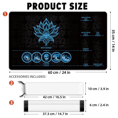 MTG Playmat with Zones – Lotus Sketch Blue 24x14 Card Game Mat for Magic The Gathering, Stitched Edge, Non-Slip Rubber Base with Prismatic Playmat Tube – Lotus Blue Zone - color: Lotus Blue Zone
