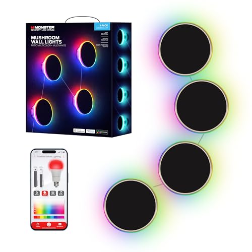 Monster Smart Mushroom Wall Lights for Gaming & Bedroom Room Decor, 4 Pack, Multicolor LED Wall Light Panels with App & Voice Control, Compatible with Alexa & Google Home, Music Sync