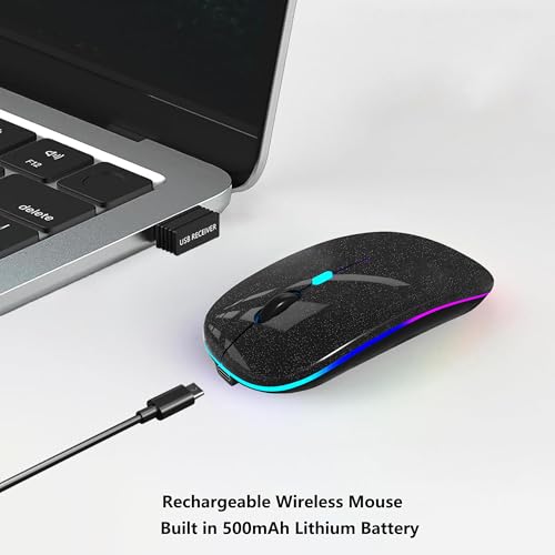 WREANU Wireless Bluetooth Mouse Rechargeable Laptop Mice with LED Lights Silent Slim Use(BT5.2 and 2.4G Portable USB Receiver)Dual Mode Computer Mouse for Laptop/iPad/Tablet/Apple/PC/Mac(Black Pearl) - color: Black Pearl