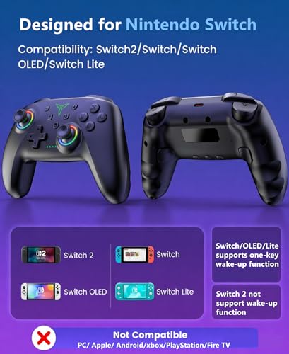 Switch 2 Controller Compatible with Nintendo Switch 2/Switch/OLED/Lite - Hall Effect Joystick & Trigger - 7 Color RGB Wireless Pro Controller with Charging Dock, Macros, Turbo, KeyLinker App - Black - color: Black with Charging Station