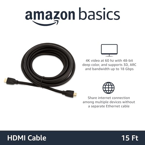 Amazon Basics HDMI Cable, 15 ft, 4K@60Hz, High-Speed 4K HDMI 2.0 Cord, 18Gbps, 2160p, 48 bit, Ethernet, Compatible with TV/PS5/Xbox/Roku, Black - size: 15 Feet, style: 1-Pack