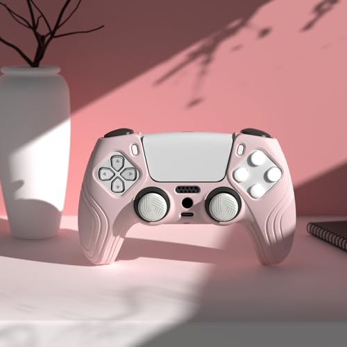 eXtremeRate PlayVital Samurai Edition Cherry Blossoms Pink Anti-Slip Controller Silicone Skin for ps5, Ergonomic Soft Rubber Protective Case for ps5 with White Thumb Stick Caps - color: Cherry Blossoms Pink