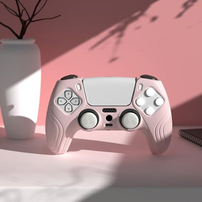 eXtremeRate PlayVital Samurai Edition Cherry Blossoms Pink Anti-Slip Controller Silicone Skin for ps5, Ergonomic Soft Rubber Protective Case for ps5 with White Thumb Stick Caps - color: Cherry Blossoms Pink
