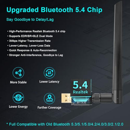 Long Range Bluetooth 5.4 Adapter for PC, Wireless USB Dongle External Antenna for Windows 11 10 8.1 7 Linux Laptop Desktop Computer, Pair with Bluetooth Headset Speaker Mice Keyboard Printer - style: Latest BT5.4-Detachable Antenna-BT548