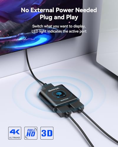 HDMI Switch 4k@60hz Splitter, GANA Aluminum Bidirectional HDMI Switcher 2 in 1 Out, Manual HDMI Hub Supports HD Compatible with Xbox PS5/4/3 Blu-Ray Player Fire Stick Roku (Black with 3.9Ft Cable) - color: Black with 3.9Ft Cable