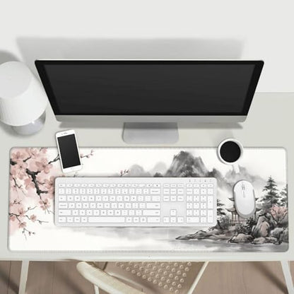 Japanese Ink Wash Landscape Extended Gaming Mouse Pad, Large Cherry Blossom Desk Mat (31.5 x 11.8 in), Non-Slip Rubber Base, Stitched Edges for Office & Gaming - color: 29