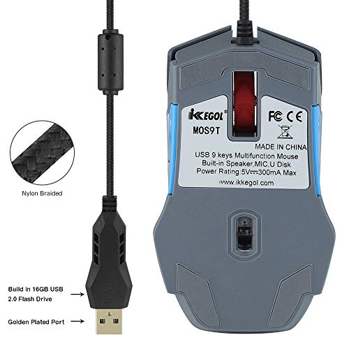 iKKEGOL USB Gaming Mouse with Mouse Pad, 9 Programmable Buttons,with Speaker, Microphone,Temperature and Humidity Display, 16G U Flash Drive RGB Breathing Light Wired Computer Mouse PC Gaming Mice