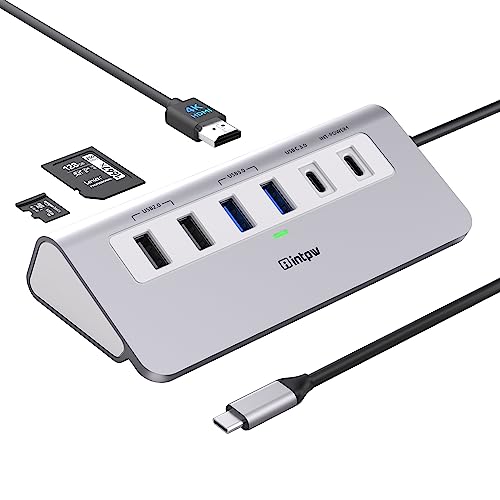 intpw USB C Hub, P9 USB C Hub Multiport Adapter with 4K@60Hz HDMI, PD 100W, Type-C & 2 USB A 3.0 5Gbps, 2 USB A 2.0, SD/TF Card Reader, Aluminum USB Hub for Laptop, iPhone 17 Series, MacBook, iPad - color: Silver, size: 1.64ft+5Gbps