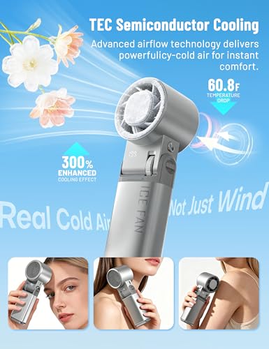 Polvntrd Portable Handheld Fan, Ice Cooling Plate, Cold Air Rechargeable AC | Mini Turbo Personal Fan, Wearable Foldable Travel, Menopause Gadgets, 199 Speeds 26000RPM, LED Light, Outdoor Gift - color: silver version