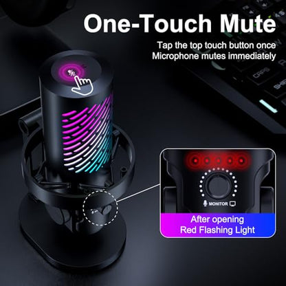 CG1 RGB Condenser Microphone Plug & Play, Noise Cancellation, Mute,Computer/Mic Monitoring Balance Adjustment, Headphone Jack, Desktop Stand for Gaming, Streaming, Podcasting, PC/Type-C Phones