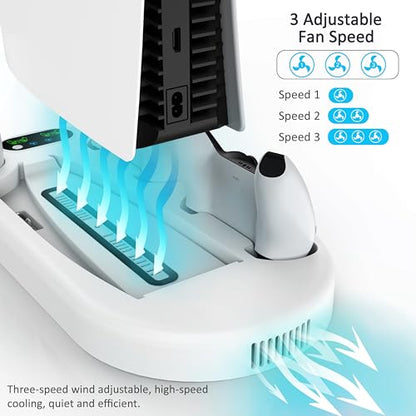 Gaming Console Vertical Stand with Dual Fast Charging Station & 3-Level Cooling Fan for PS5 Slim Digital & Disc Versions