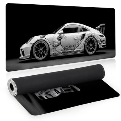 Sports Car Gaming Mouse Pad, Desk Mat, Large Mousepad with Stitched Edges Non-Slip Rubber Base, XL Extended Computer Keyboard Pad, Office&Home, 31.5x11.8in, Black Kanagawa Wave - color: Sports Car
