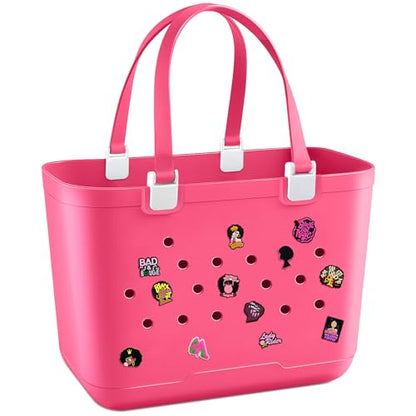 X-Large Rubber Beach Tote Bag, 18.9 "L x 9.4 "W x 13.8 "H Waterproof EVA Beach Totes with Zipper Pocket - color: Hot Pink