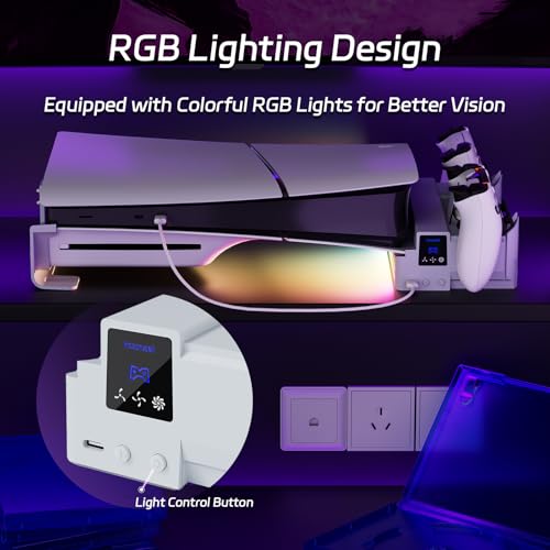Slim Horizontal Stand Compatible with Slim Disc & Digital Version Dual Use Charging Station with Multi-Mode RGB Light with 3-Level Cooling Fan,White
