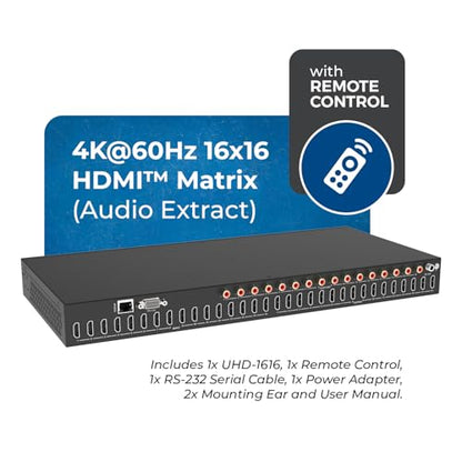OREI 16x16 HDMI Matrix Switch - 4K Audio Extract, EDID, RS-232, WebGUI, IR | HDMI Switch 16 Input, HDMI Matrix 4K 16x16 – 18Gbps, HDR10+, Dolby Vision, Dolby Atmos, DTS:X, 1U Rack Mount - size: 16x16 Matrix