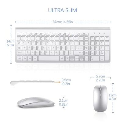 Wireless Keyboard and Mouse Ultra Slim Combo, TopMate 2.4G Silent Compact USB 2400DPI Mouse and Scissor Switch Keyboard Set with Cover, Batteries Included, for PC/Laptop/Windows/Mac - Silver White - color: Silver White