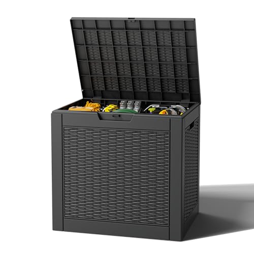 Outdoor Storage Box, Resin Deck Boxes Indoor and outdoor, Waterproof Storage Box Lockable Lid (Black, 31 Gallon) - color: Rattan Black, style: 31 Gallon