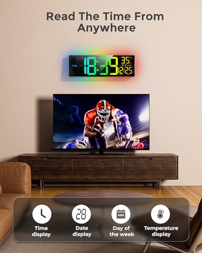 EASYERA 16.5" Large Digital Wall Clock with BT Sync, 11 RGB Lights | 11 Scenes Mode Remote Control, Big LED Clock with Dual Alarms, Auto DST, Temperature for Classroom Gaming - size: 15.98 inches, style: Modern
