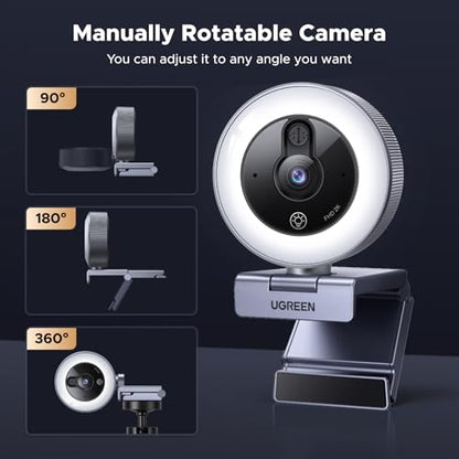 UGREEN 2K Webcam with 4-Level Ring Light | Microphone, Privacy Cover, Compatible with Switch 2, Streaming, Conference, Zoom, Teams, Computer/Laptop/MacBook