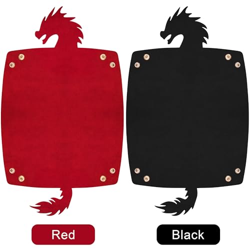 SIQUK 2 Pieces Dragon Dice Rolling Tray PU Leather Dice Mat Folding Scroll Dices Holder for D&D RPG Games (Black, Red) - color: Black, Red