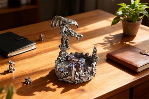 Antique-Style Composite Dragon Display Tray (Zinc Alloy & Resin) – Premium Edition & DND Dice Tray - color: Antique Silver