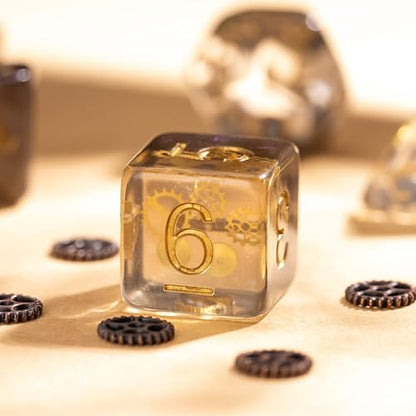 Cusdie DND Dice Set Filled with Gears Polyhedral Dice Sets for Playing DND Dice (Galaxy w/Golden Gears) - color: Galaxy W/Golden Gears