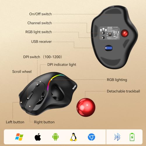 TECKNET Wireless Trackball Mouse, Bluetooth Mouse with Ergonomic, Red | 3-Device Connectivity (Bluetooth & 2.4G), 5 Adjustable DPI, RGB Lighting, PC, Mac & Laptop Compatible - color: Red