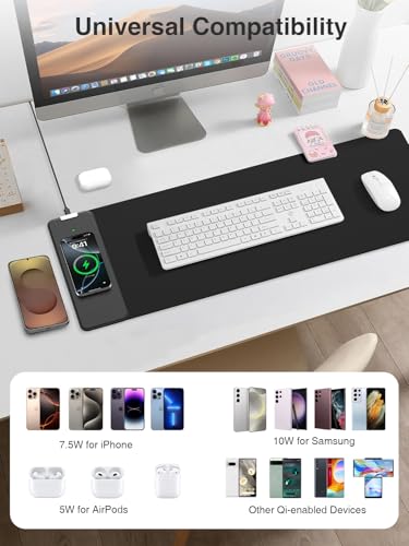 Wireless Charging Mouse Pad, 31.5"x11.8" Large Desk Mat, Smooth Glide | Waterproof Mousepad, Stitched Edge, Non-Slip Rubber Base, Desk Pad Computer Keyboard Mat, No Adapter - color: Black-31.5"x11.8"